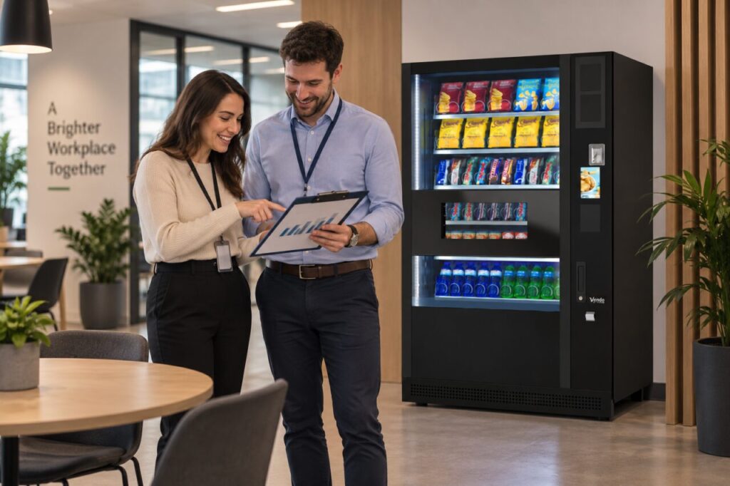 Office colleagues compare a weekly attendance chart beside a vending machine
