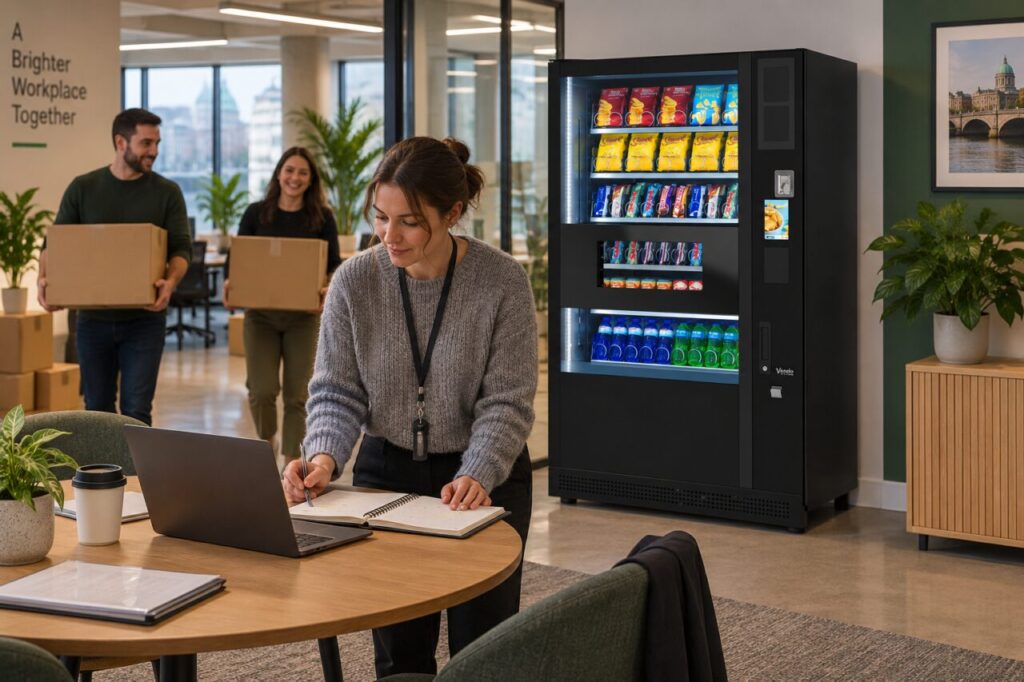 Office coordinator reviews a move schedule beside vending equipment while colleagues carry boxes