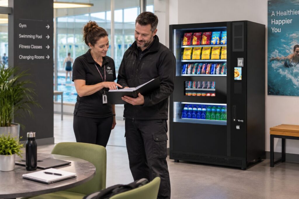 Customer and account contact review an invoice and service records beside vending equipment