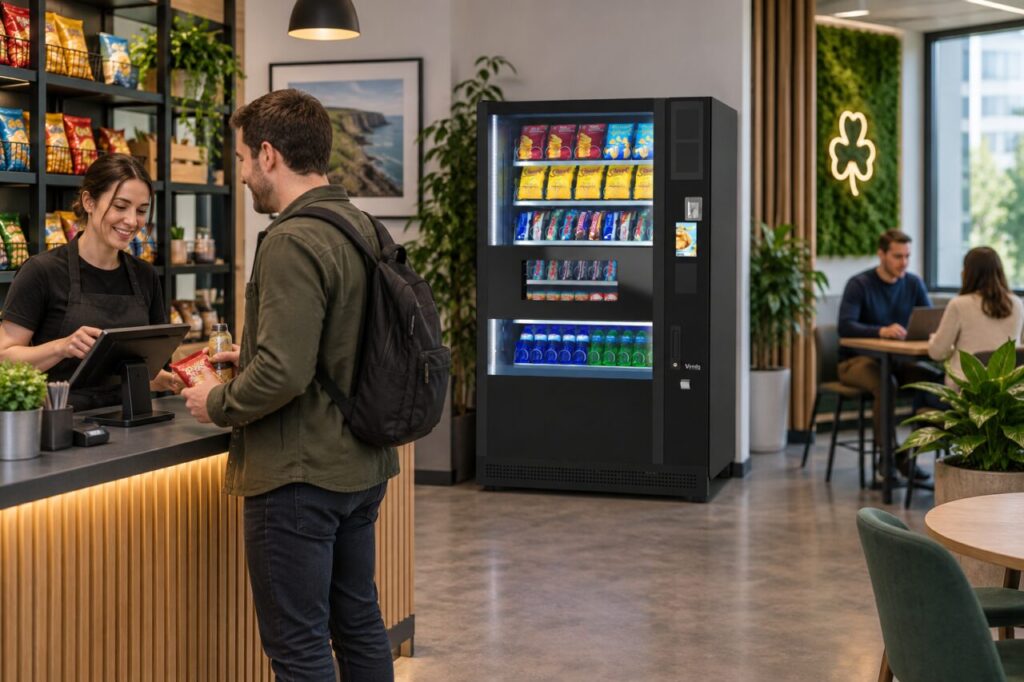 Host helps a customer check a micro-market checkout with vending equipment nearby