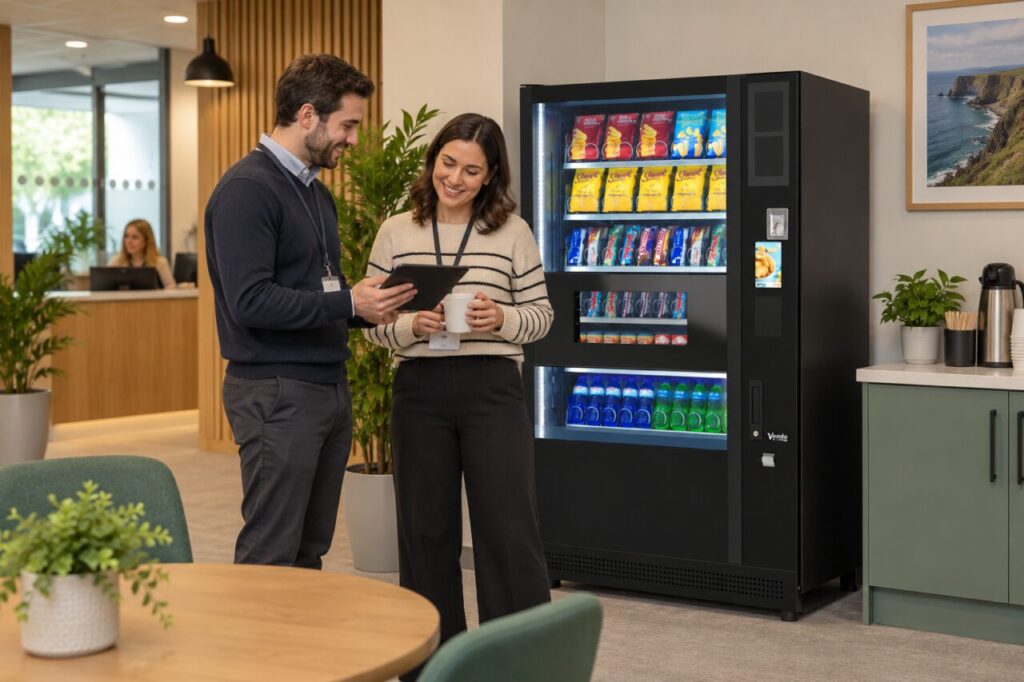 Visiting employee and branch host review staff benefit instructions beside a vending machine