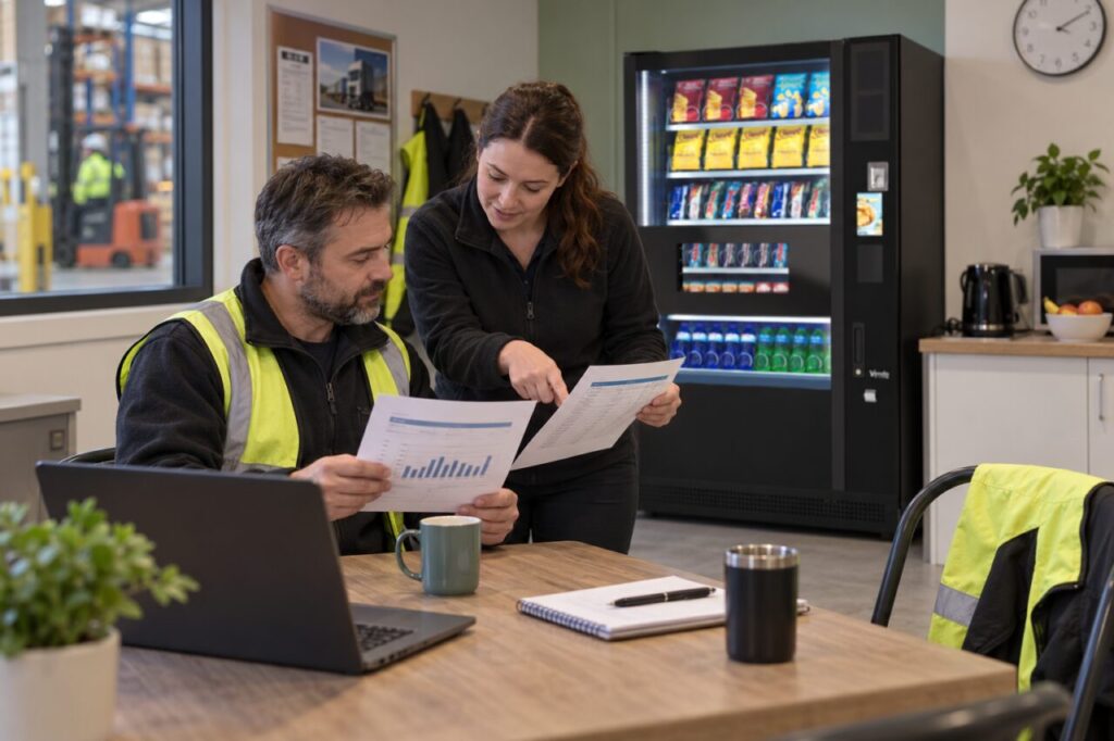 Operator and colleague compare a refund record with an earlier sales report beside vending equipment