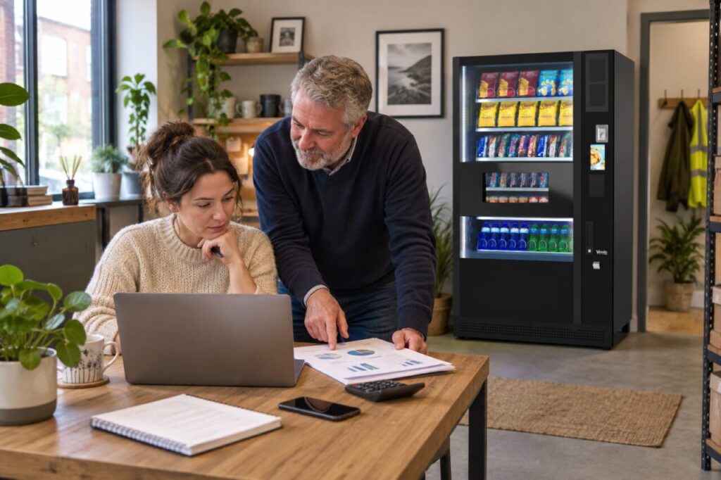 Business owner and adviser review a contingency budget beside a vending machine