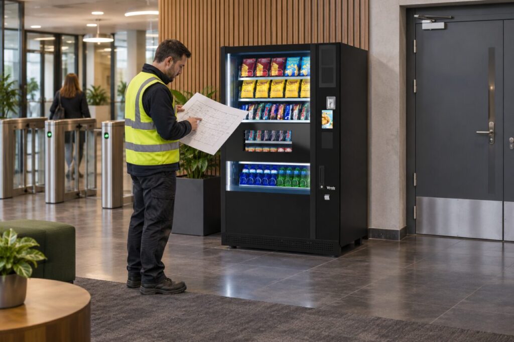 Delivery planner reviews a route drawing beside vending equipment near turnstiles and a goods door