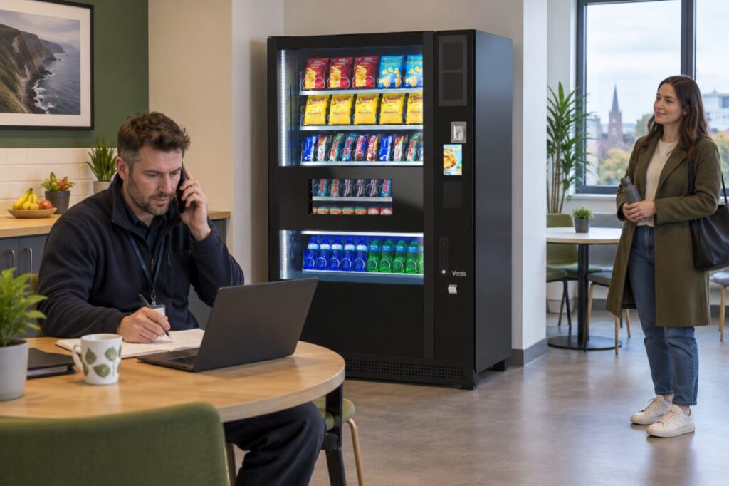 Site host calls support with case notes beside a vending machine while a customer waits