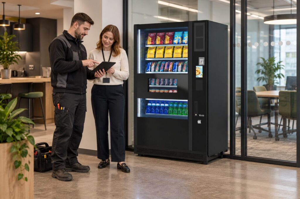 Installer and facilities colleague check connection information beside vending equipment and a new glass partition