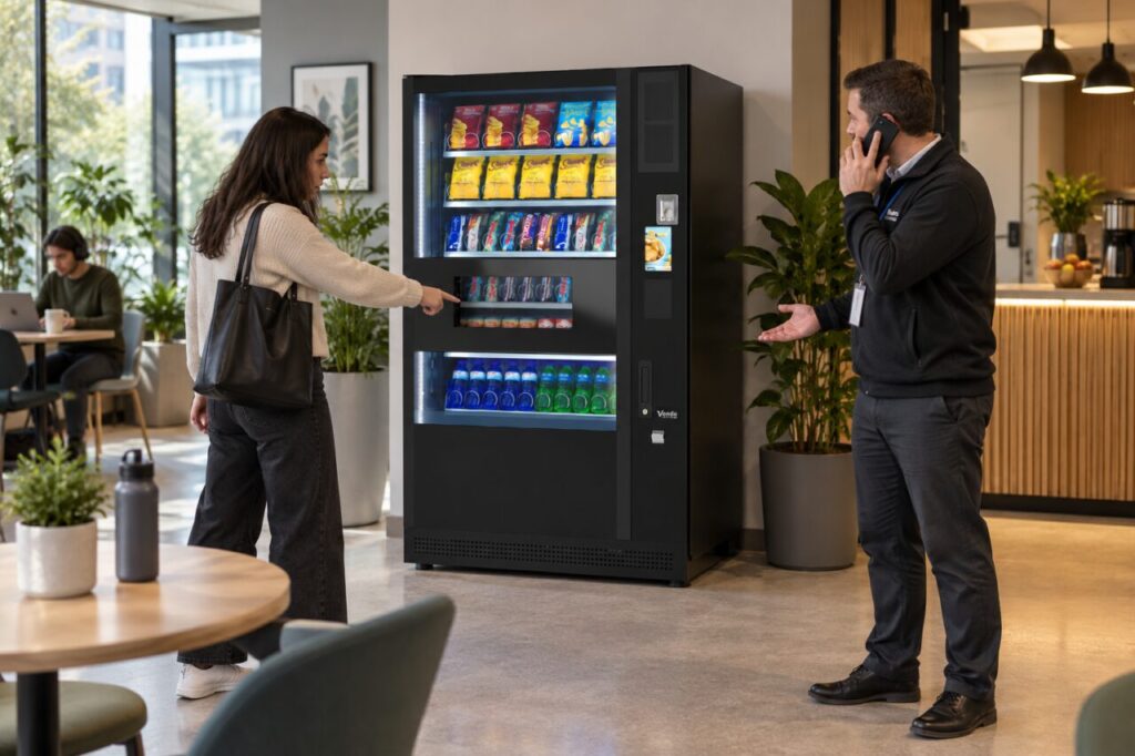 Customer points towards a vending collection opening while the host contacts support