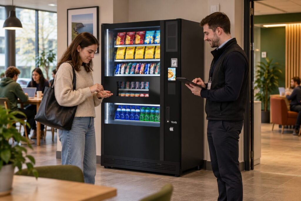 Customer counts returned coins while a host records purchase details beside vending equipment